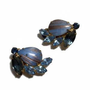 Vintage Blue Glass & Rhinestone Clip-On Earrings Gold Tone Retro Jewelry